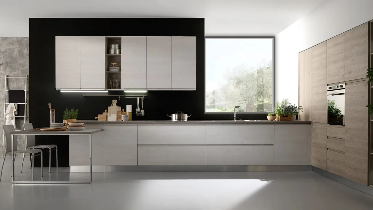 Cucina Moderna ad angolo con penisola Luna finitura Ghiaccio e Grigio effetto legno di Mobilturi