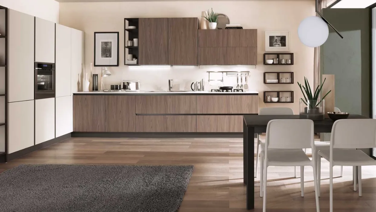 Cucina Moderna ad angolo Zen finitura Noce chiaro e Corda opaco di Mobilturi