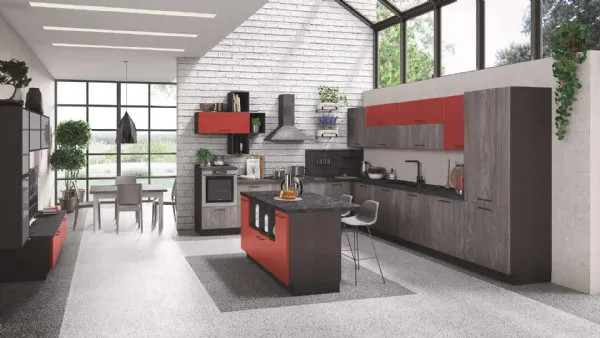 Cucina Moderna Cloe Rovere Smoky e Rosso Cocktail di Net Cucine
