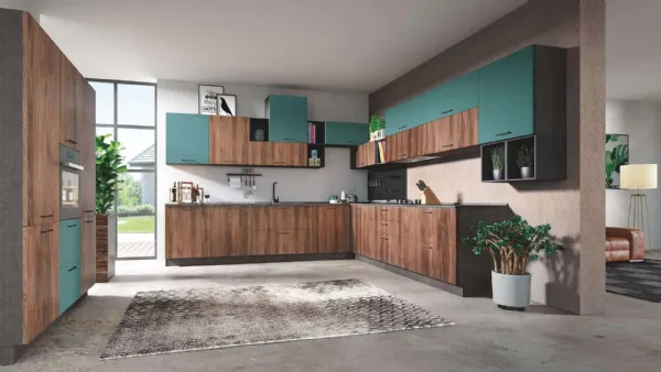 Cucina Moderna Cloe 02 Rovere Tabacco e Verde Laguna Opaco di Net Cucine