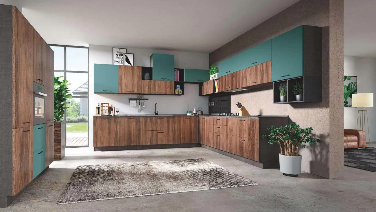 Cucina Moderna Cloe 02 Rovere Tabacco e Verde Laguna Opaco di Net Cucine