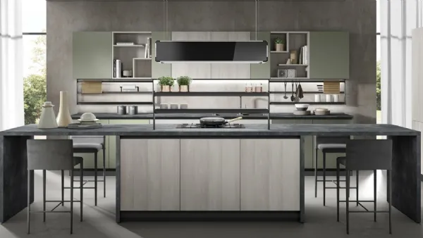 Cucina Moderna con isola Nevada finitura larice grigio e verde oliva opaco di Mobilturi