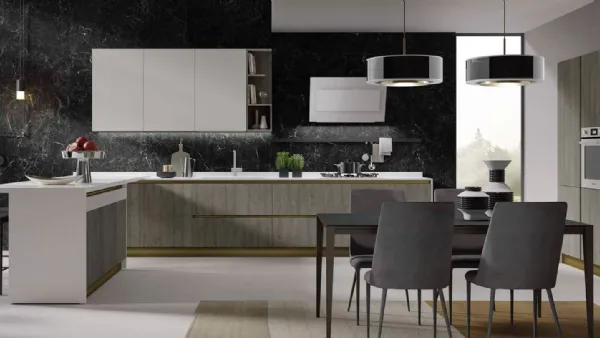 Cucina Moderna con penisola Nevada in melaminico Grigio Anticato e Pet finitura Seta Bianco opaco di Mobilturi