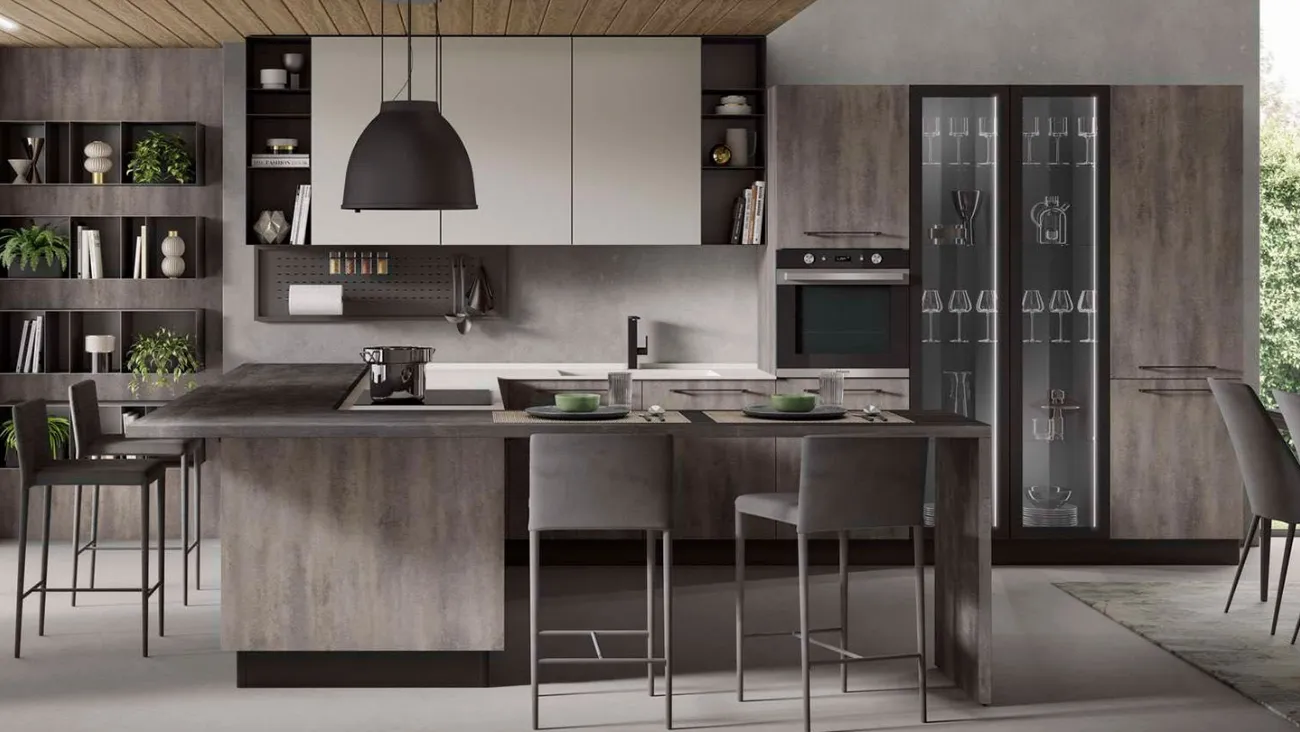 Cucina Moderna con penisola Nevada in melaminico Ossido Grigio e Pet Seta Bianco Opaco di Mobilturi