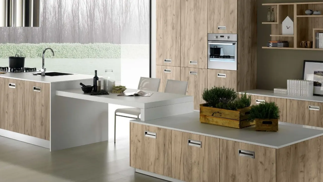 Cucina Moderna con isola Nevada in melaminico Rovere Grigio e laminato Bianco Pietra di Mobilturi