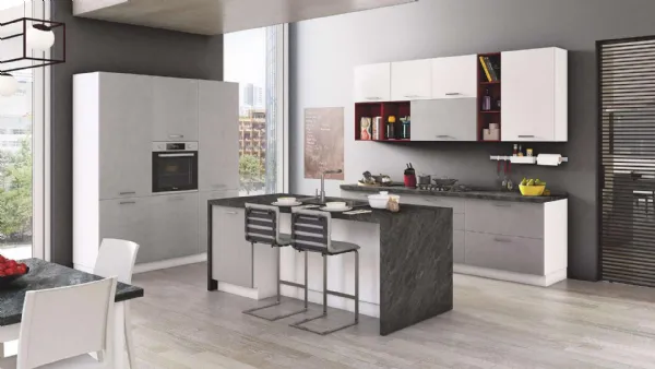 Cucine Moderne New Smart in linea con penisola Cemento Grigio e Bianco di Net Cucine