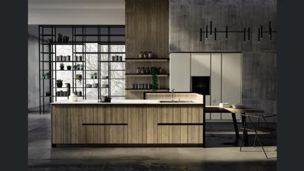 Cucina Moderna lineare con penisola New Step 02 in legno di abete con ante dogate di Fratelli Mirandola