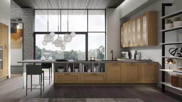 Cucina Moderna Nina in legno Rovere Miele con penisola di Mobilturi