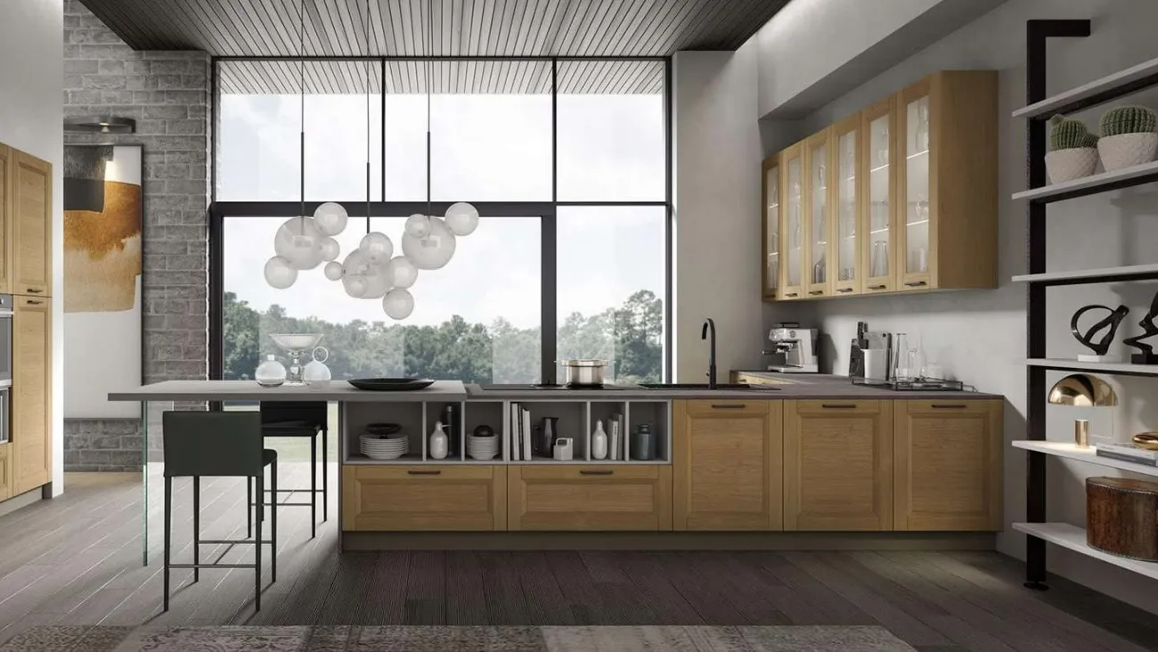 Cucina Moderna Nina in legno Rovere Miele con penisola di Mobilturi