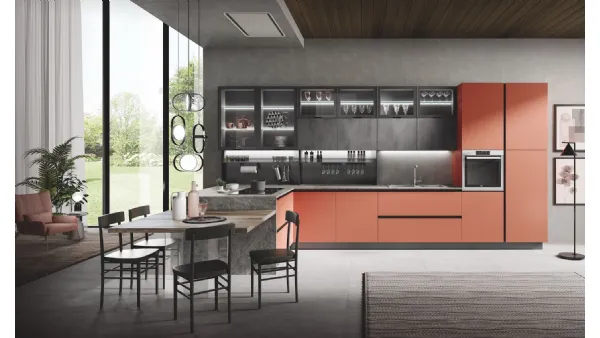 Cucina Moderna Oceano Corallo Opaco e Cemento Grigio Scuro di Mobilturi