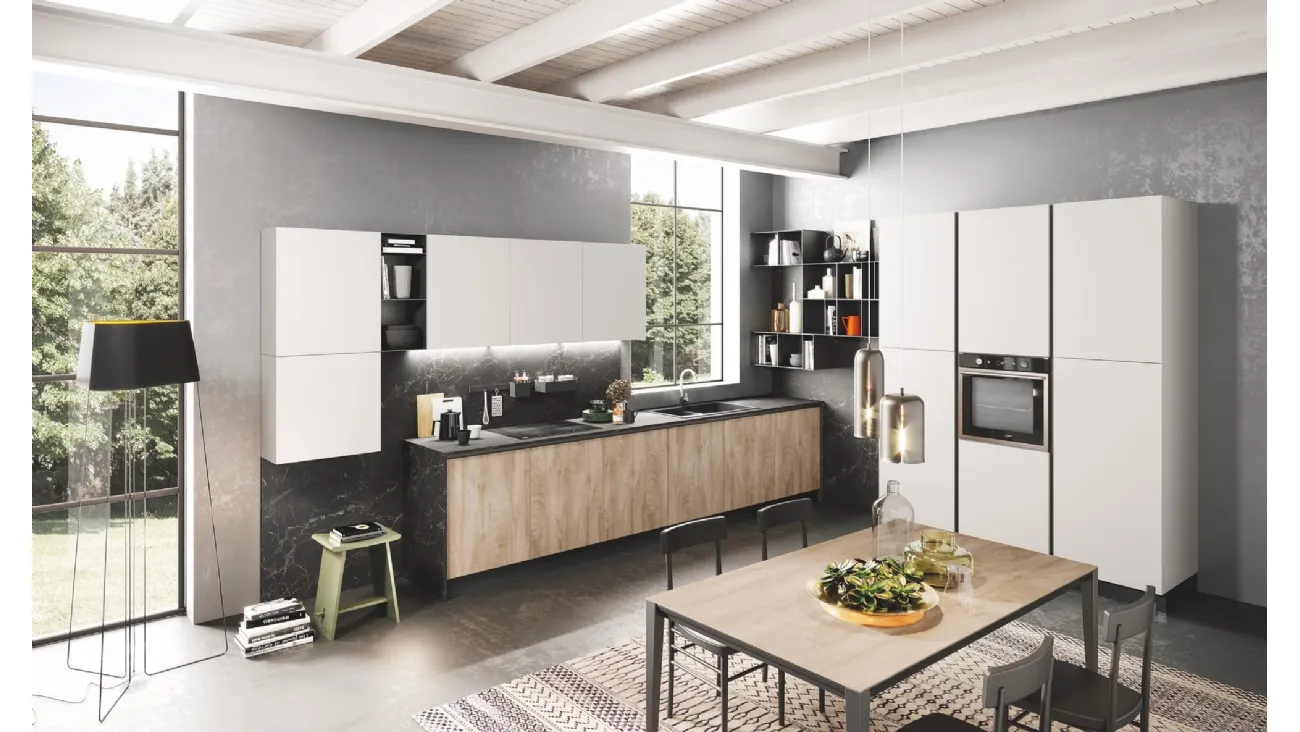 Cucina Moderna ad angolo Oceano finitura Quercia Beige e Bianco opaco di Mobilturi