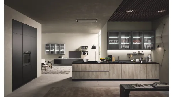 Cucina Moderna con penisola Oceano finitura Quercia Tabacco e Nero opaco di Mobilturi