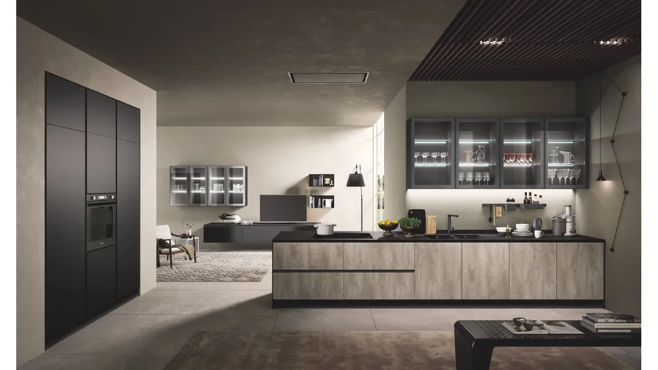 Cucina Moderna con penisola Oceano finitura Quercia Tabacco e Nero opaco di Mobilturi