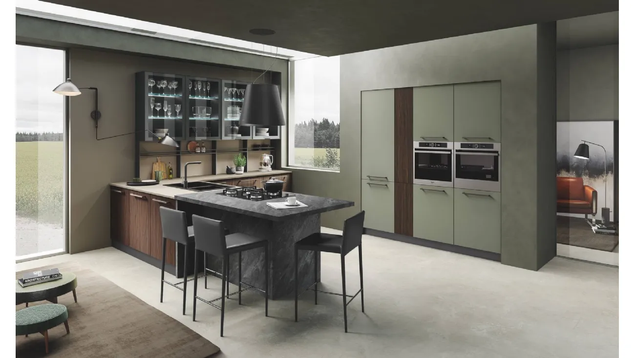 Cucina Moderna con penisola Pop noce bruciato e verde muschio di Mobilturi
