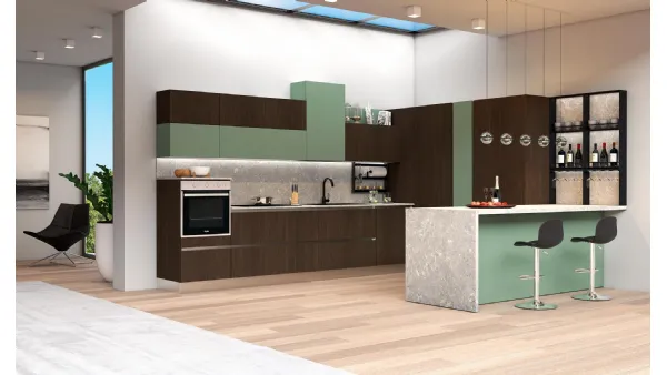 Cucina Moderna con penisola Pop finitura Fumo Rigato e Verde Muschio opaco di Mobilturi