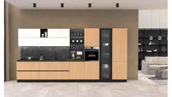 Cucina Moderna lineare Pop finitura Miele Rigato e Bianco Puro opaco laccato di Mobilturi