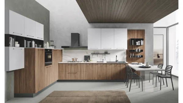 Cucina Moderna angolare con penisola Pop finitura Noce Italiano e Bianco opaco di Mobilturi