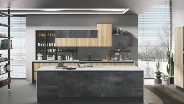 Cucina Moderna con isola Star finitura pietra grigia e naturale tavolato di Mobilturi