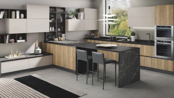 Cucina Moderna con penisola Star finitura Naturale Tavolato e polimerico Corda opaco con top in laminato di Mobilturi