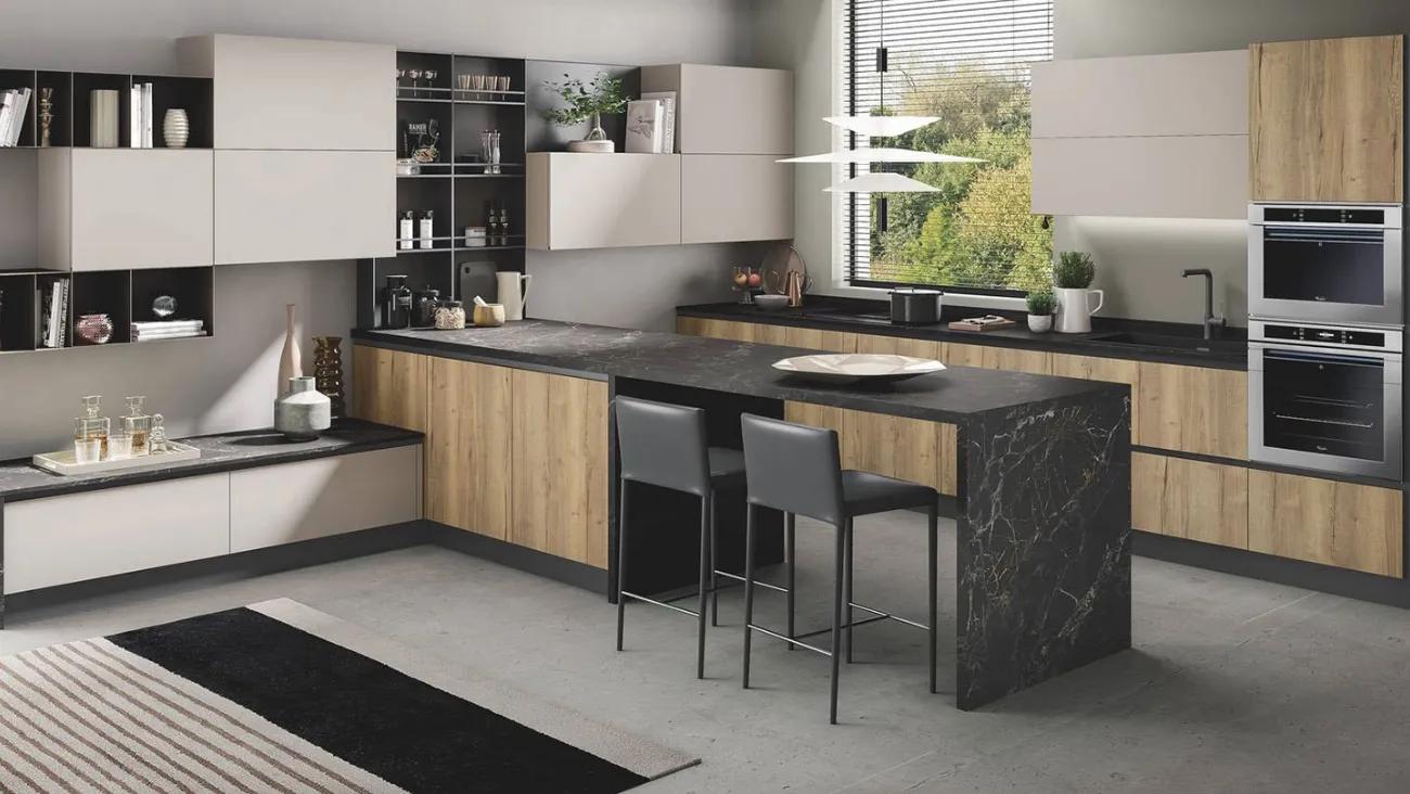 Cucina Moderna con penisola Star finitura Naturale Tavolato e polimerico Corda opaco con top in laminato di Mobilturi