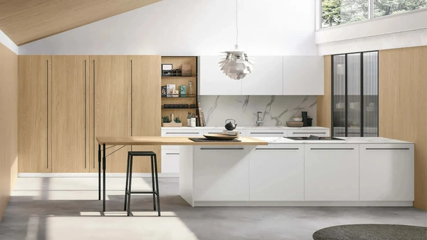 Cucina Moderna con penisola Metropolis 06 in Pet Bianco e Rovere Sole di Stosa