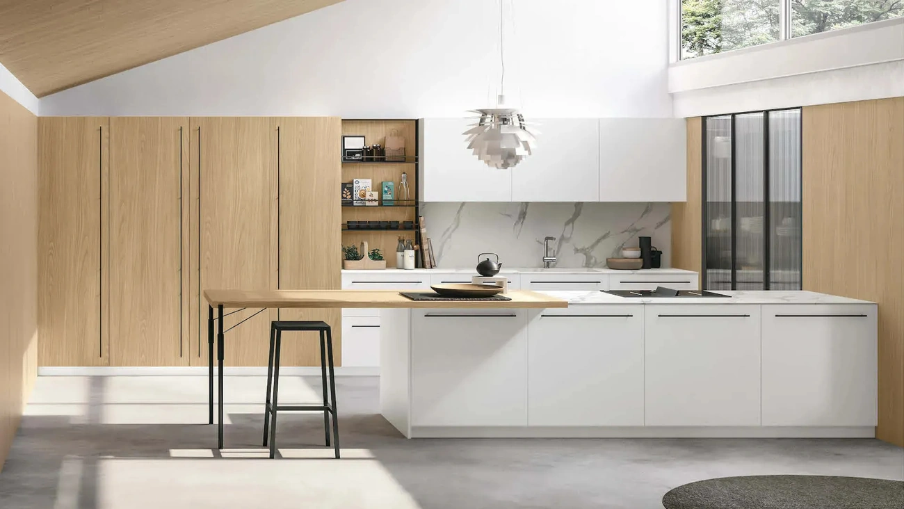 Cucina Moderna con penisola Metropolis 06 in Pet Bianco e Rovere Sole di Stosa