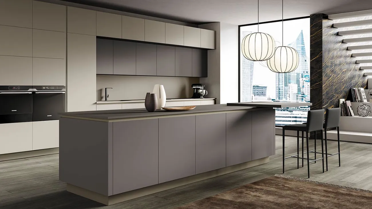 Cucina Moderna con isola Stratos in Fenix Grigio Efeso e Fenix Grigio Londra di Mobilturi