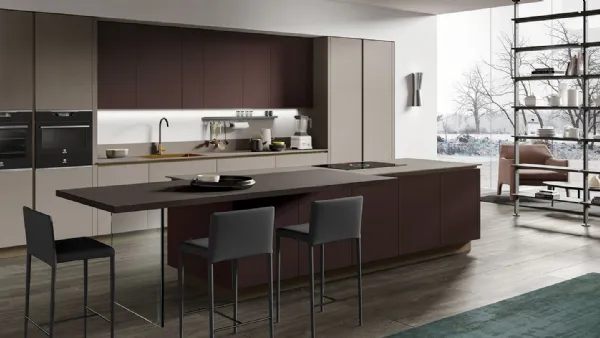 Cucina Moderna con isola Stratos Glass Marrone opaco e Gres Terra di Mobilturi