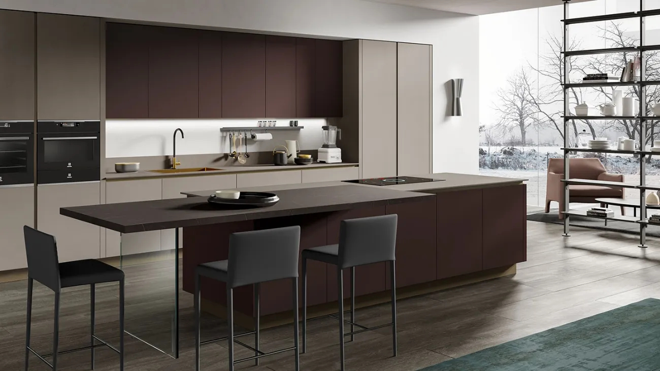 Cucina Moderna con isola Stratos Glass Marrone opaco e Gres Terra di Mobilturi