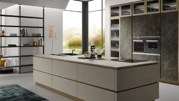 Cucina Moderna con isola Stratos in gres light grey e gres calcite nera di Mobilturi
