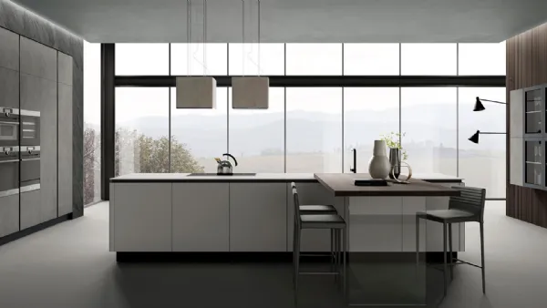 Cucina Moderna con penisola Stratos HPL Grigio Cemento e HPL Gesso di Mobilturi