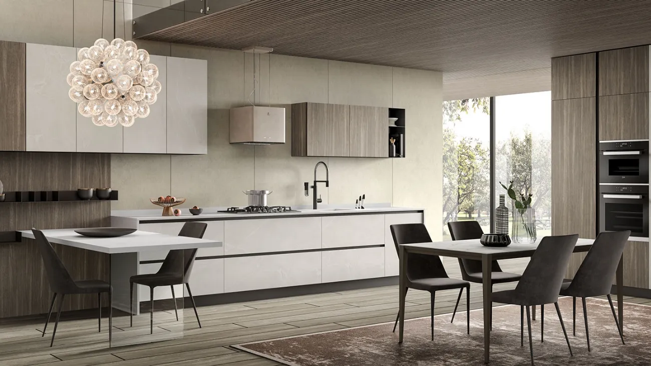 Cucina Moderna con penisola Stratos in HPL Kandia White e HPL Hidalgo Aragona di Mobilturi