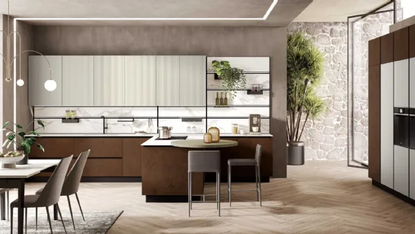 Cucina Moderna con penisola Stratos in gres fokos sale e vetro cannettato tortora di Mobilturi