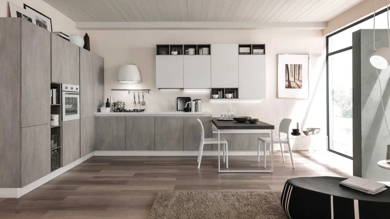 Cucina Moderna ad angolo con penisola Zen finitura Argento Cemento e Seta Bianco opaco di Mobilturi