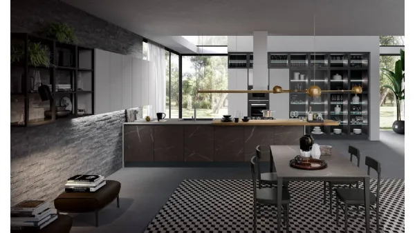 Cucina Moderna con penisola Zen finitura Marmo Marrone e Corda opaco di Mobilturi