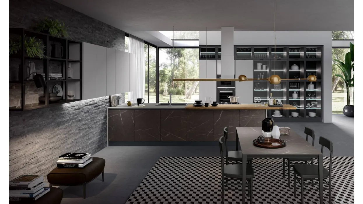 Cucina Moderna con penisola Zen finitura Marmo Marrone e Corda opaco di Mobilturi