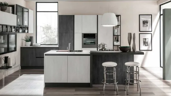 Cucina Moderna con isola Zen finitura Perla Cemento e Lavagna Cemento di Mobilturi