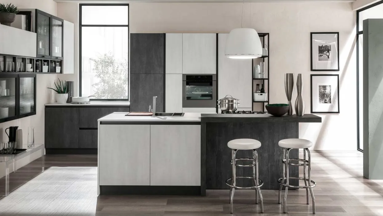 Cucina Moderna con isola Zen finitura Perla Cemento e Lavagna Cemento di Mobilturi